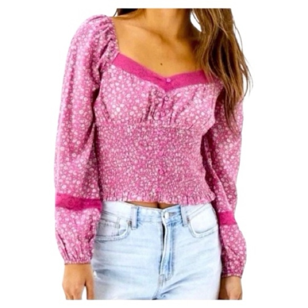 American Eagle Pink Floral Lace Trim Smocked Peasant Blouse S